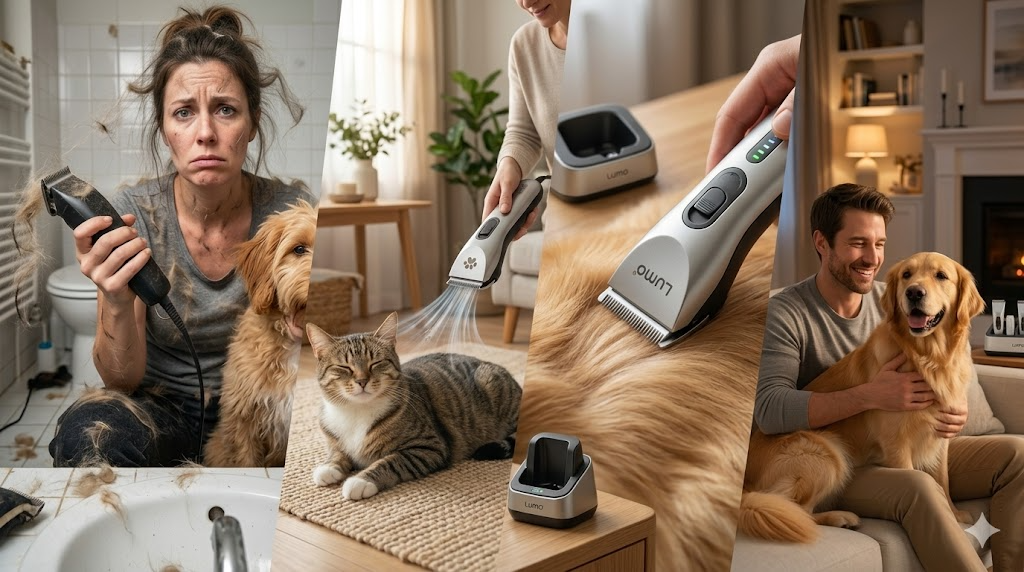 Close-up of the sleek, ergonomic Petpatlife pet clipper blade gently trimming golden retriever fur.