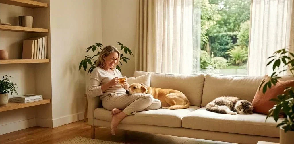 A peaceful home scene with sunlight hitting a pet's bed, emphasizing a serene and mindful pet-parent lifestyle.