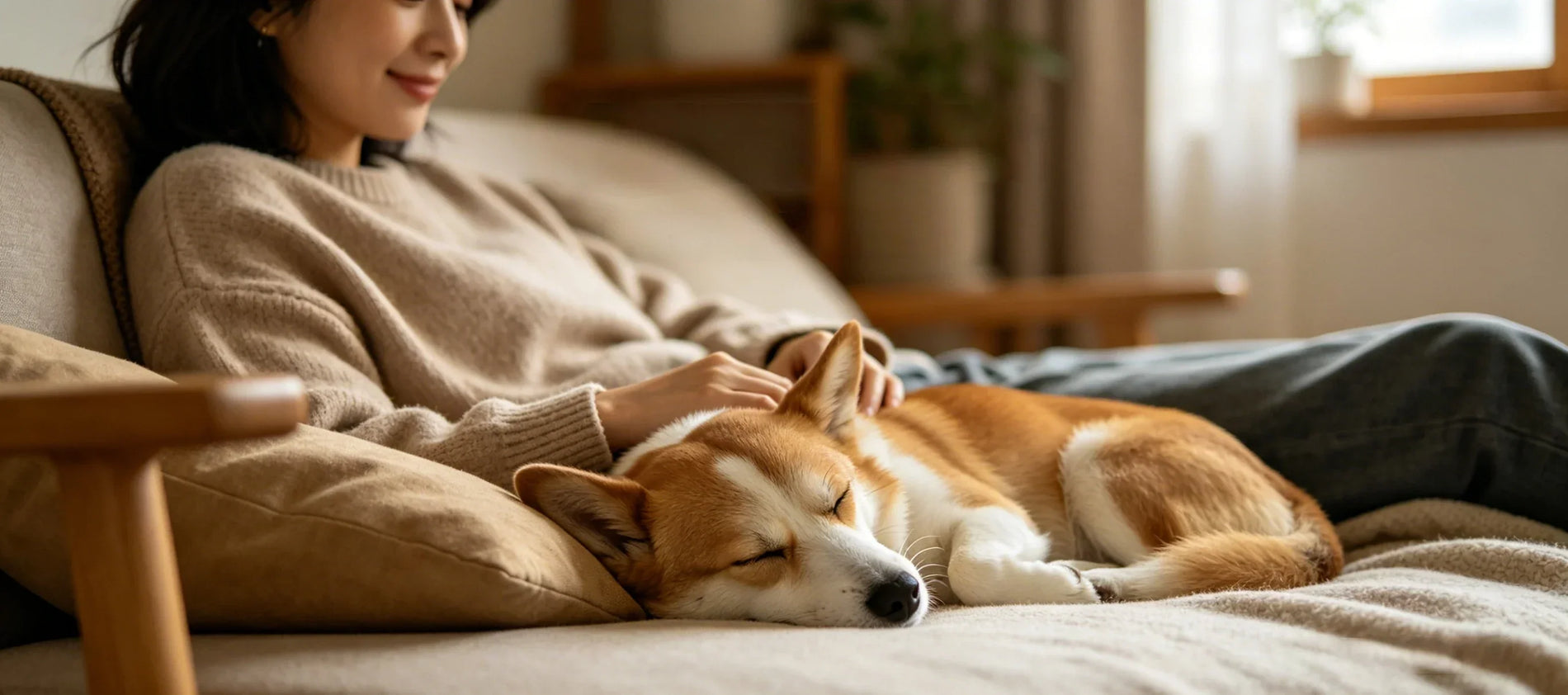 A cozy home scene with PetPatLife text guide on a plaque: 'PETPATLIFE'S GUIDE TO BUILDING MUTUAL TRUST', featuring a woman, golden mix dog, and tabby cat relaxing together on a sofa, bathed in natural sunlight from a window, overlooking a garden.