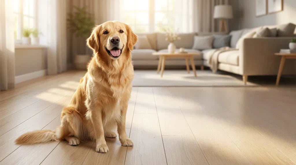 Happy Golden Retriever with premium cordless dog clippers grooming kit in clean modern home