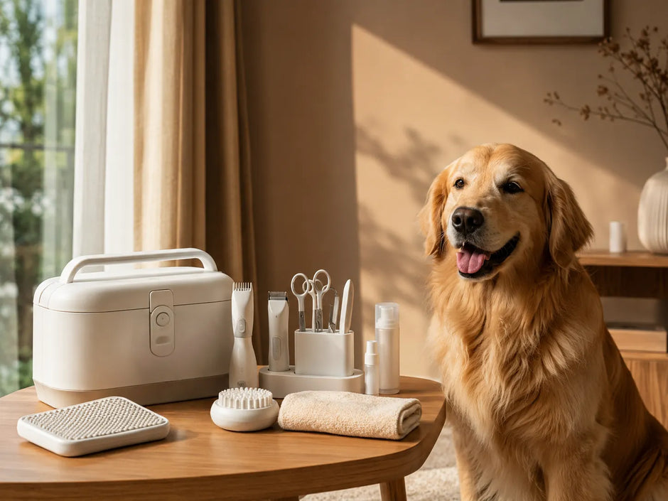 A premium matte-white pet grooming kit neatly organized on a cream linen cloth next to a calm poodle, illuminated by soft warm sunshine orange lighting in a minimalist Scandinavian living room.