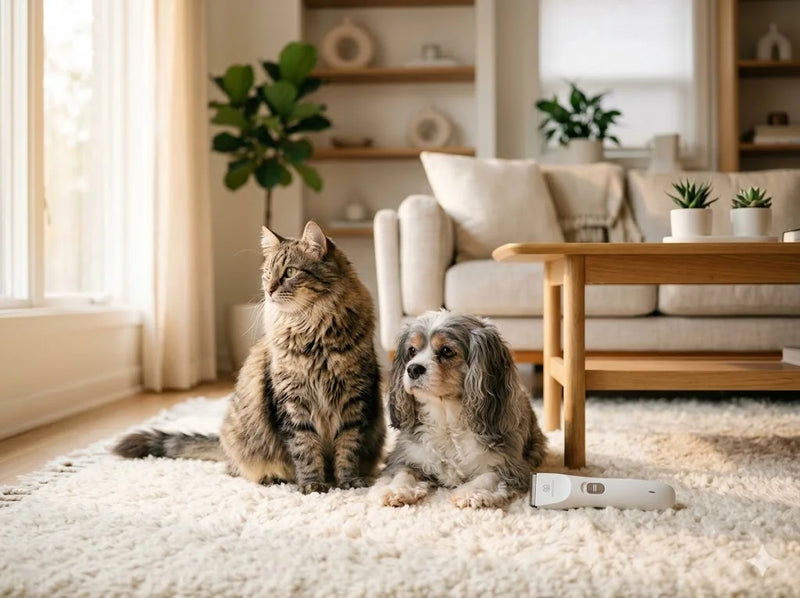 An side-by-side premium conceptual comparison showing a sleek matte-cream pet safe clippers unit next to a calm dog, bathed in soft warm sunshine orange lighting in a modern home.