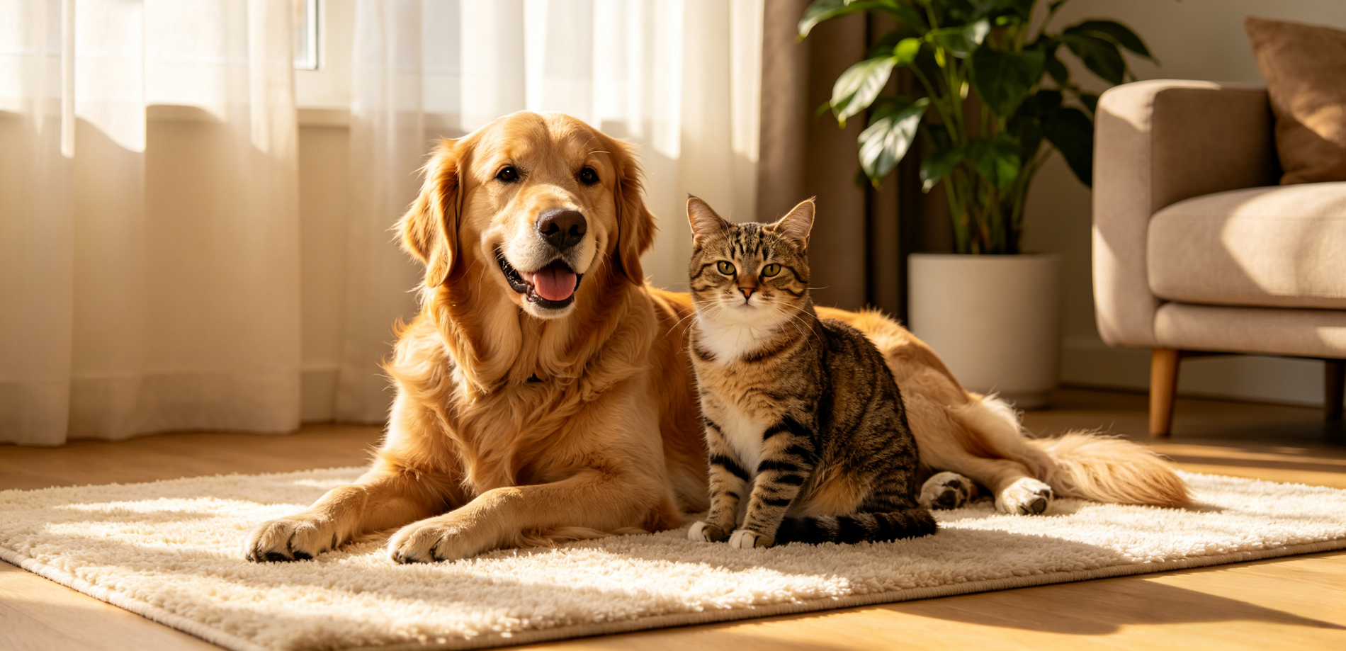 A happy dog and cat sitting together on a soft rug in a sun-drenched living room with warm earth tones, representing proactive and loving pet care.