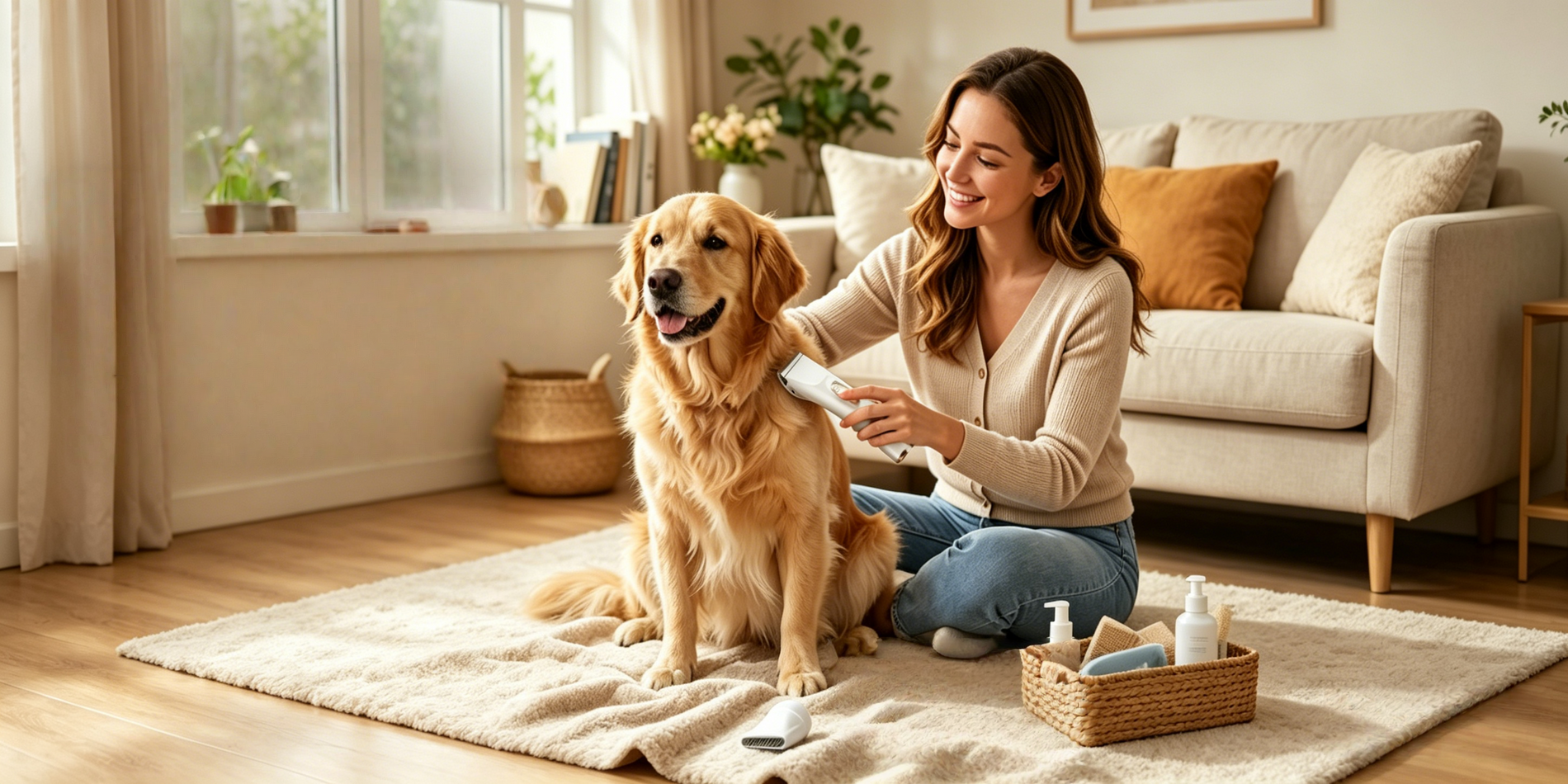 A smiling woman using a professional pet hair trimmer on a Golden Retriever in a cozy living room, with a 2-in-1 pet grooming dryer brush placed on the rug.