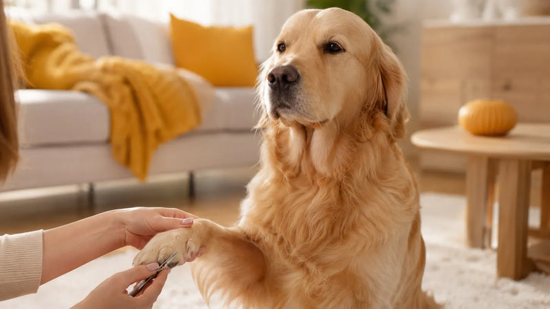 A golden retriever sitting calmly on a cream couch while its owner gently trims its paw pads using the Petpatlife Mini Pet Hair Trimmer in a warm, sunlit living room.