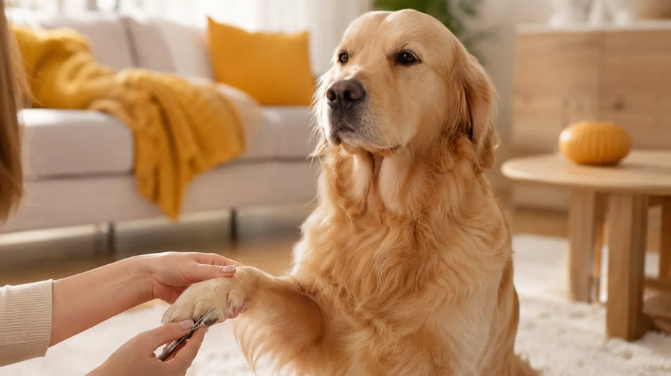 A golden retriever sitting calmly on a cream couch while its owner gently trims its paw pads using the Petpatlife Mini Pet Hair Trimmer in a warm, sunlit living room.