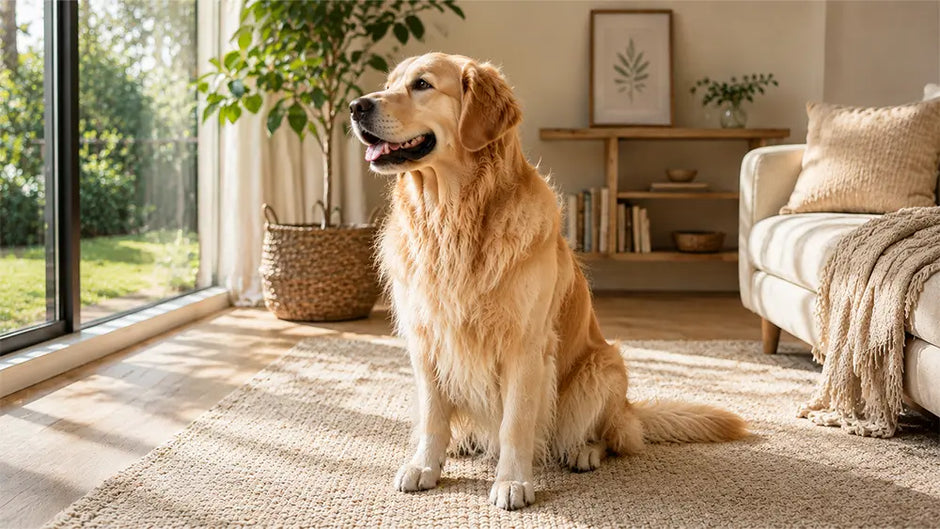 A pristine Golden Retriever sitting happily on a cream rug during a peaceful home pet grooming routine under soft morning light.