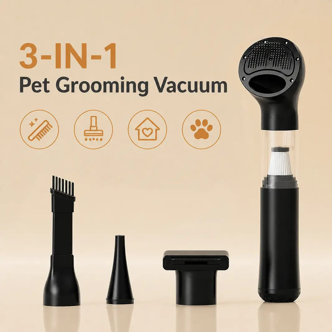 Sleek black 3-in-1 Pet Grooming Vacuum kit designed for effective loose fur collection and deep cleaning for all pet breeds.