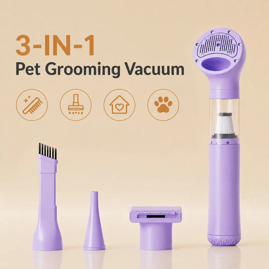 Petpatlife 3-in-1 Pet Grooming Vacuum in purple with interchangeable attachments for versatile home grooming and cleaning.