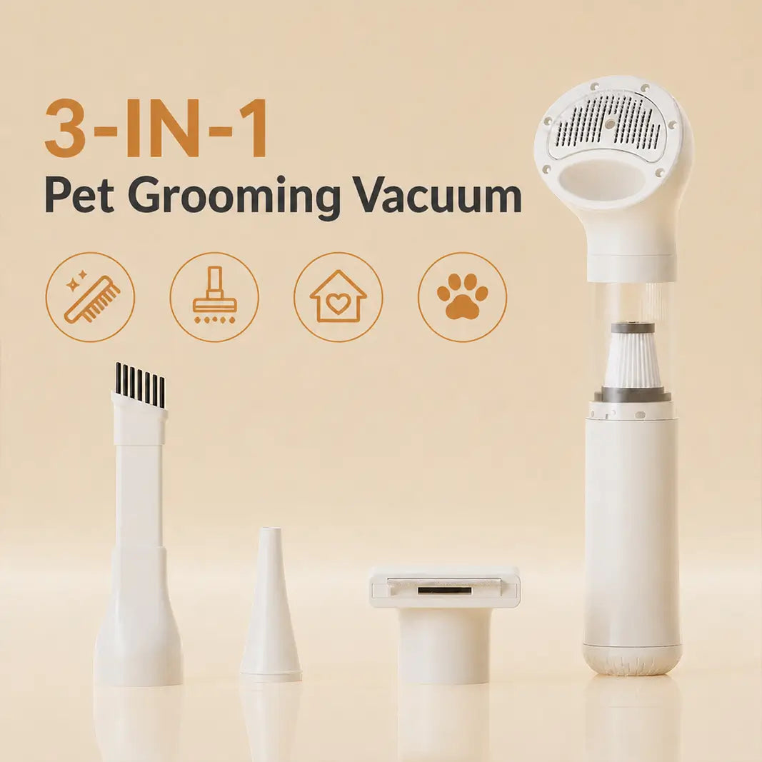 White edition of the 3-in-1 Pet Grooming Vacuum with cordless freedom and multi-layer filtration for pet hygiene.