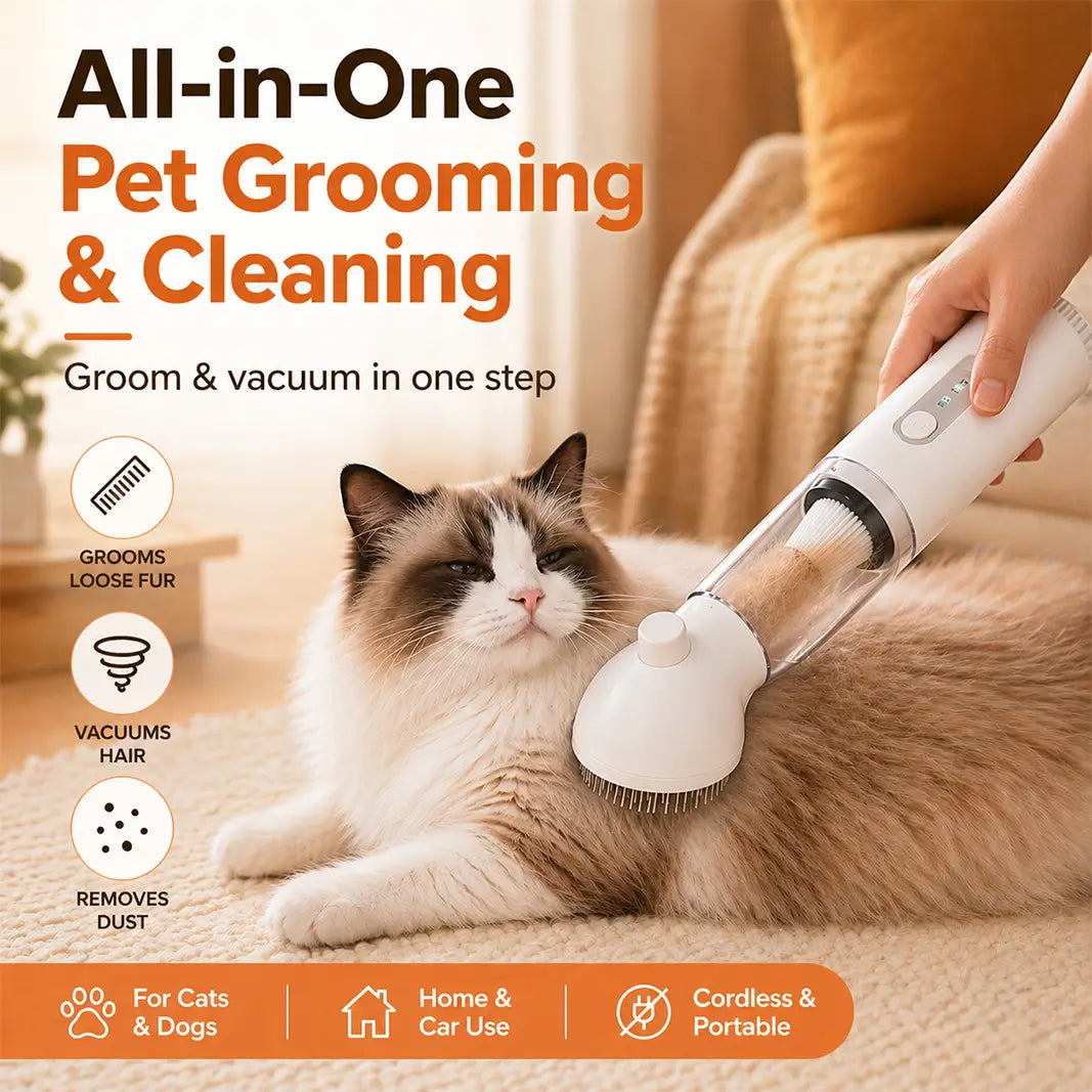 All-in-one cordless and portable pet grooming vacuum being used on a Ragdoll cat to collect loose fur and remove dust in one step.