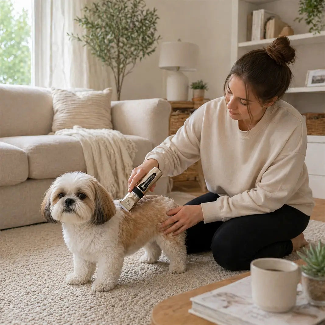 A person using the Petpatlife cordless dog clippers to trim a Shih Tzu at home, demonstrating professional results and bonding time.