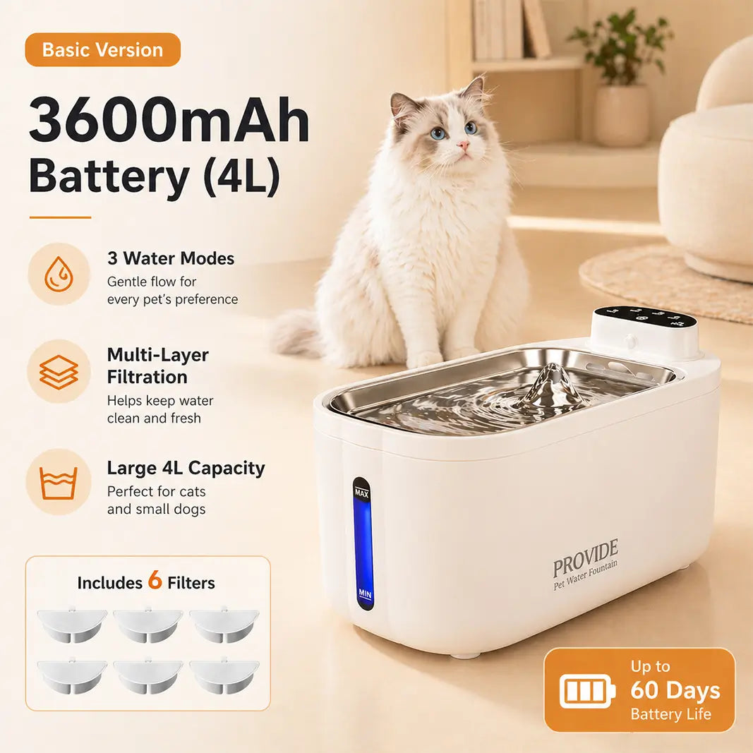 4L Cordless Battery Pet Fountain with 3600mAh battery and 60 days battery life.