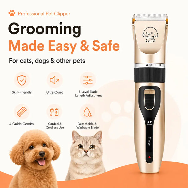 Petpatlife professional pet hair clippers with 5-level blade adjustment, perfect for cats, dogs, and safe grooming at home.