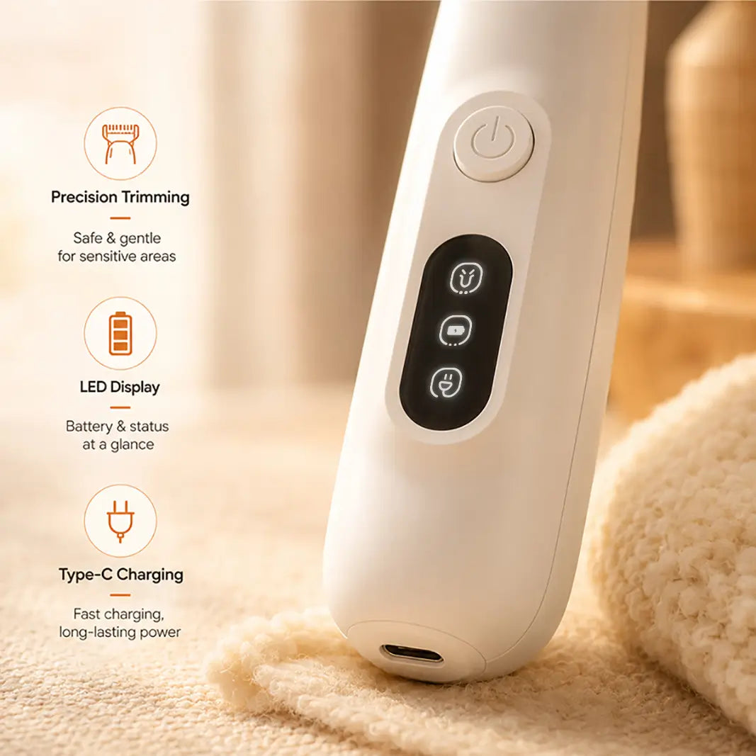 Close-up of the Petpatlife cordless pet trimmer showing the smart LED battery display and fast Type-C charging port.