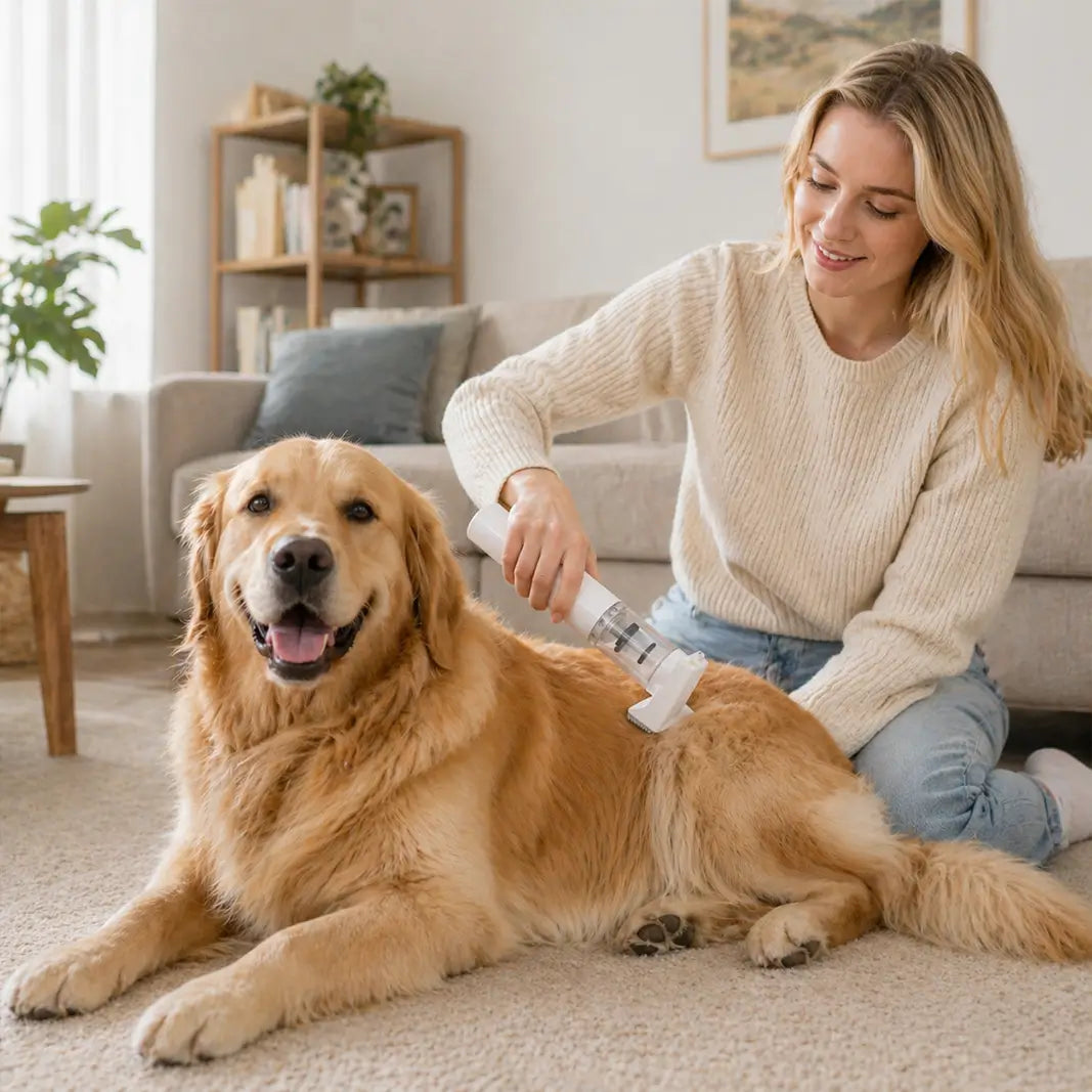 A person using the professional Petpatlife vacuum tool on a Golden Retriever to achieve salon-quality grooming results at home.