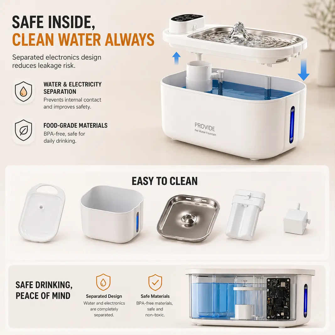 Separated electronics design of pet water fountain for easy cleaning and safety.