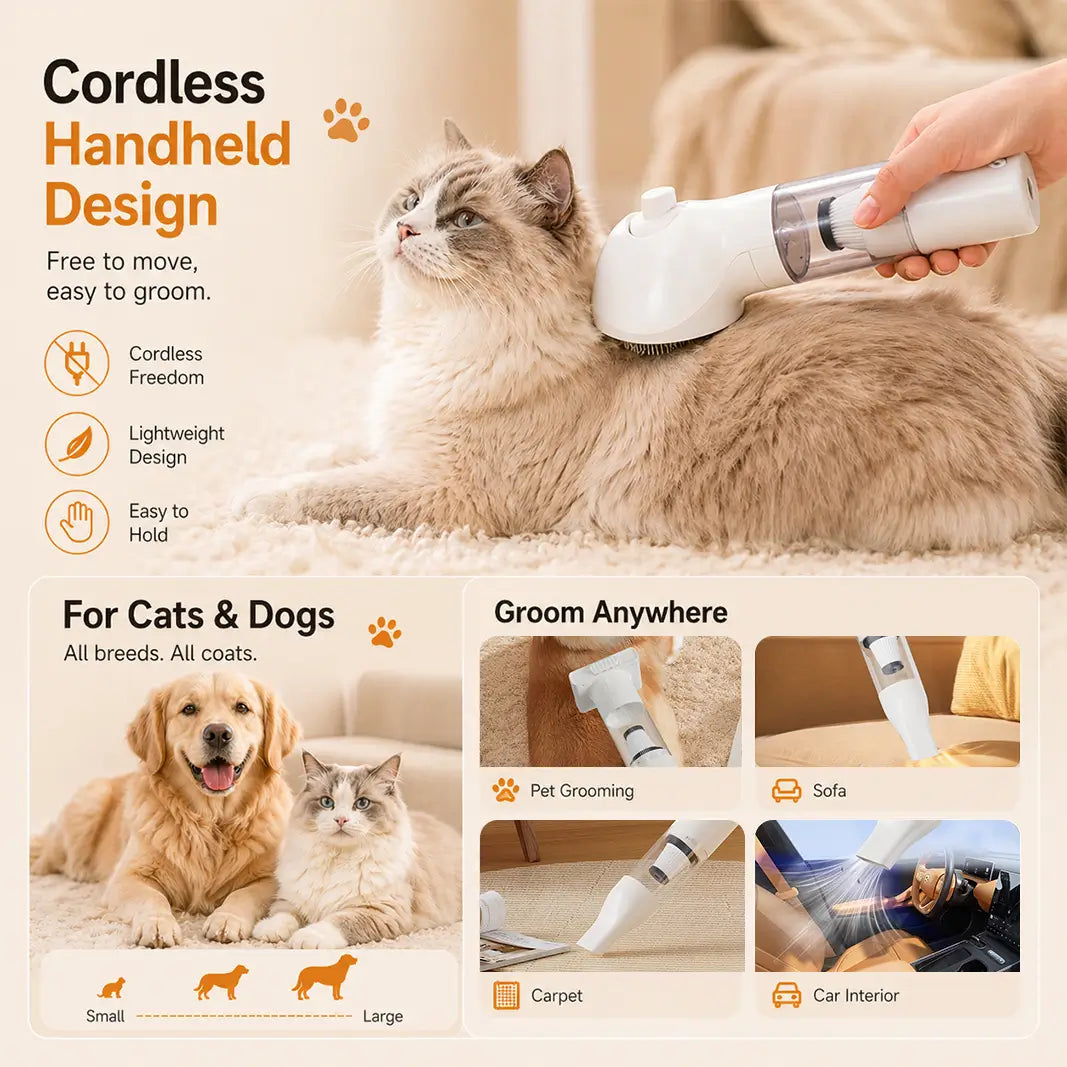 Lightweight handheld pet vacuum being used on cat, sofa, carpet, and car interior to maintain a hair-free environment.