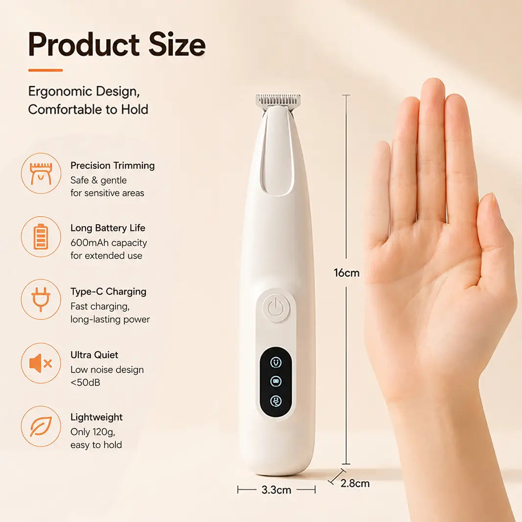 Detailed product dimensions of the Pet Electric Clippers, featuring an 18mm wide ceramic blade and lightweight 120g design for precision grooming.
