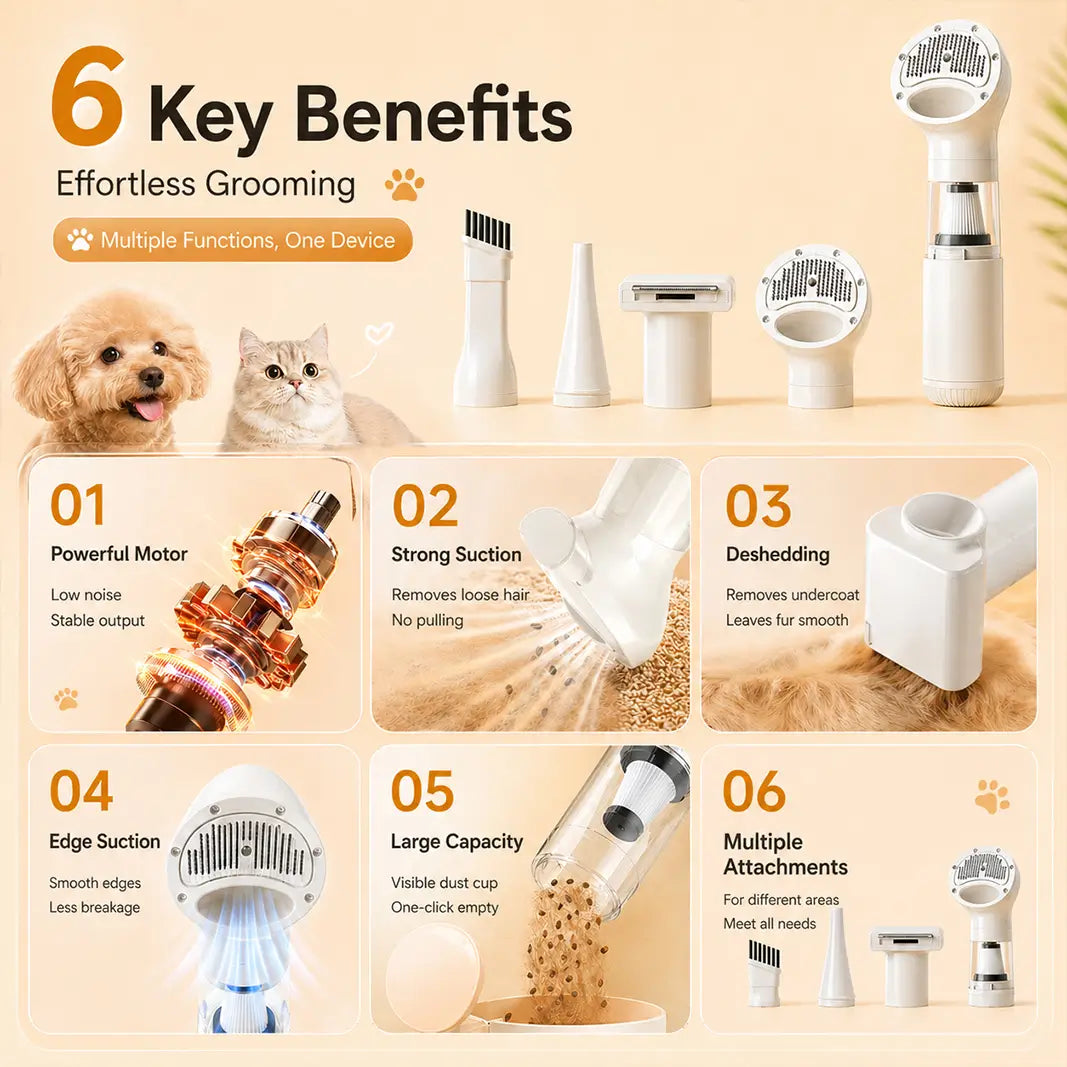 Infographic showing 6 key benefits of the Petpatlife grooming vacuum including powerful motor, strong suction, deshedding, and large capacity.
