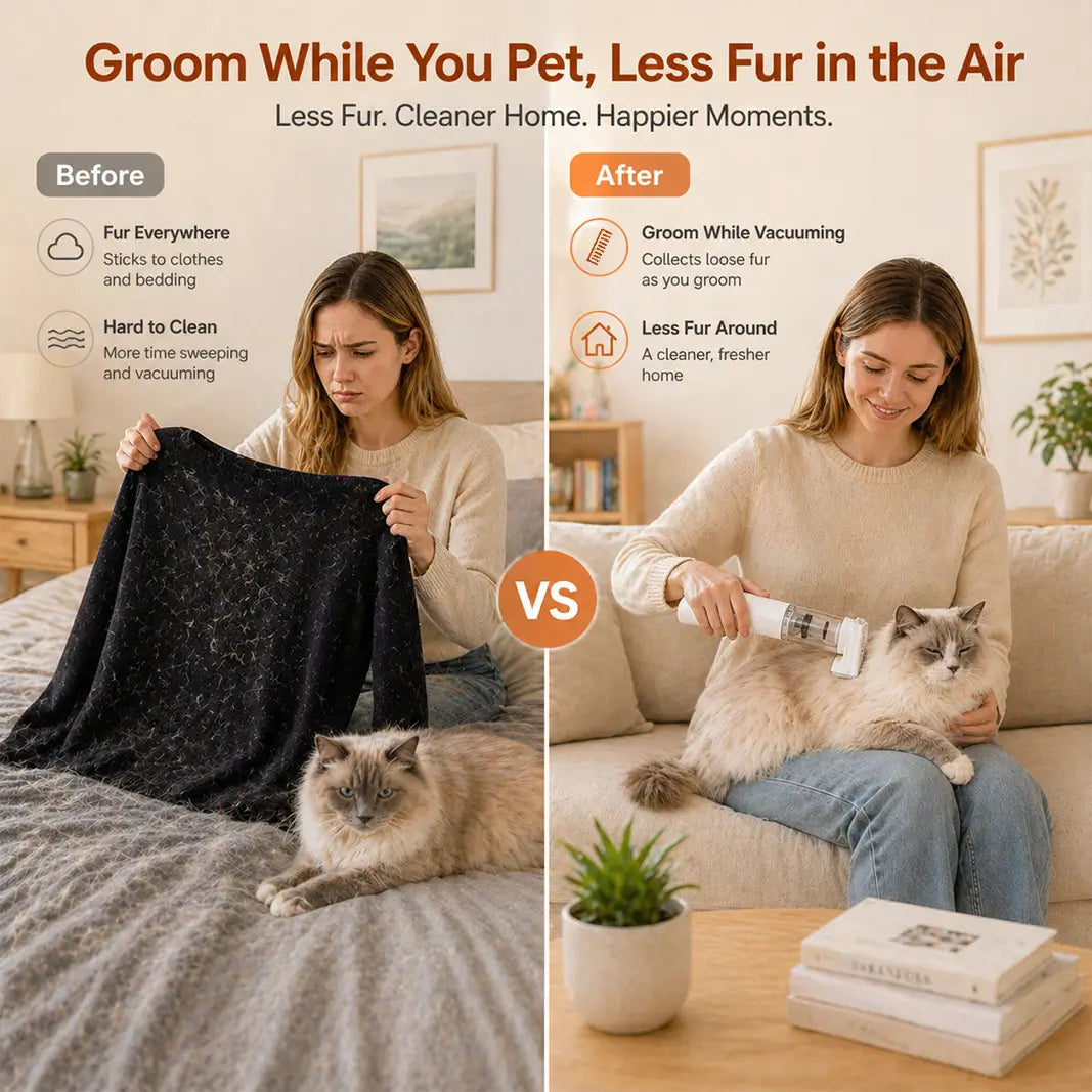 Before and after comparison showing a cleaner home with less fur on clothes and bedding thanks to the grooming while vacuuming feature.