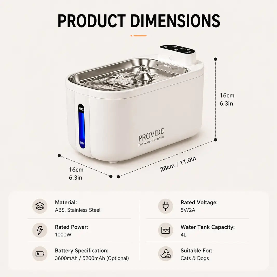 Detailed product dimensions and specifications for 4L cordless battery pet fountain.