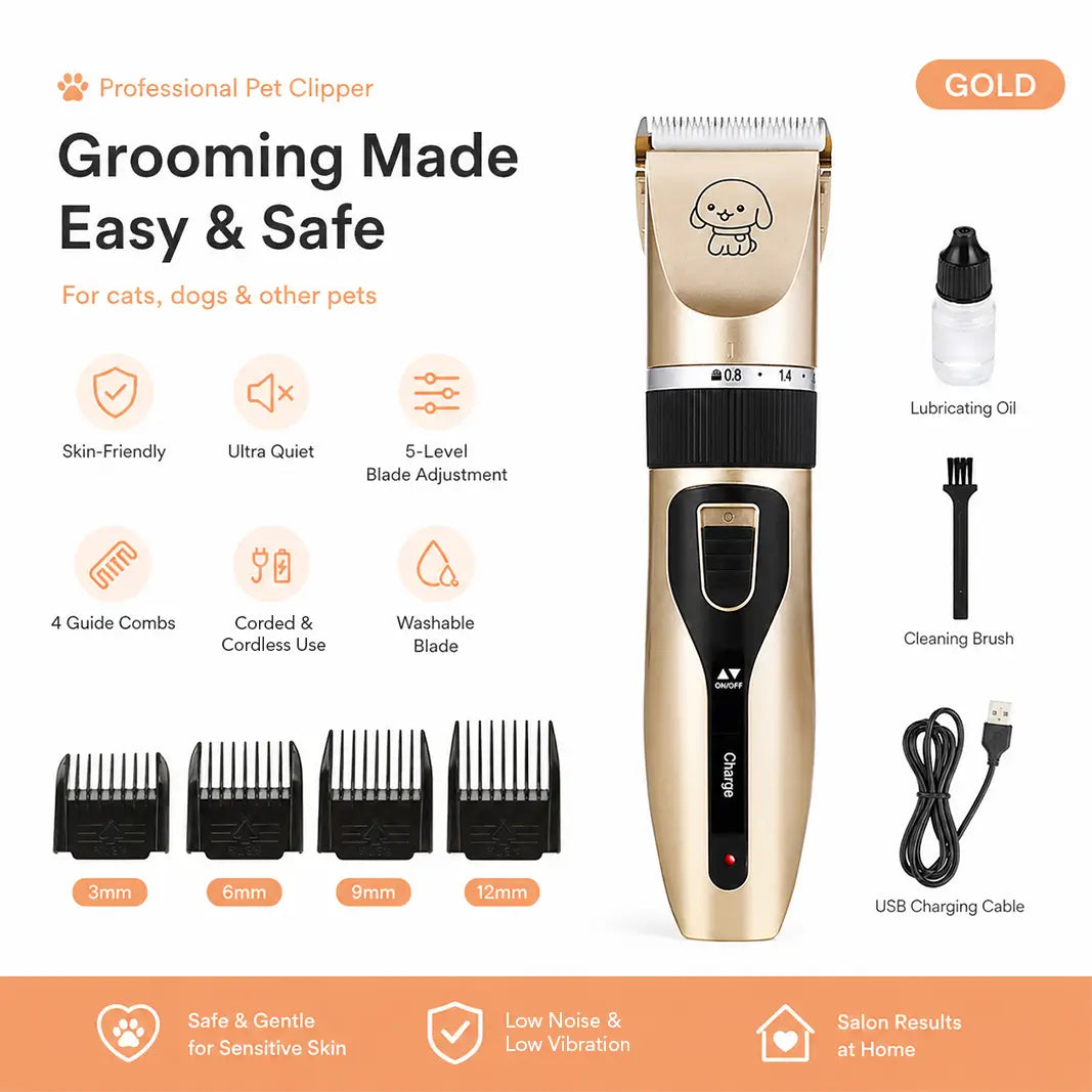 Gold Edition Professional Pet Clipper set including guide guards, cleaning brush, and USB charging cable for complete care