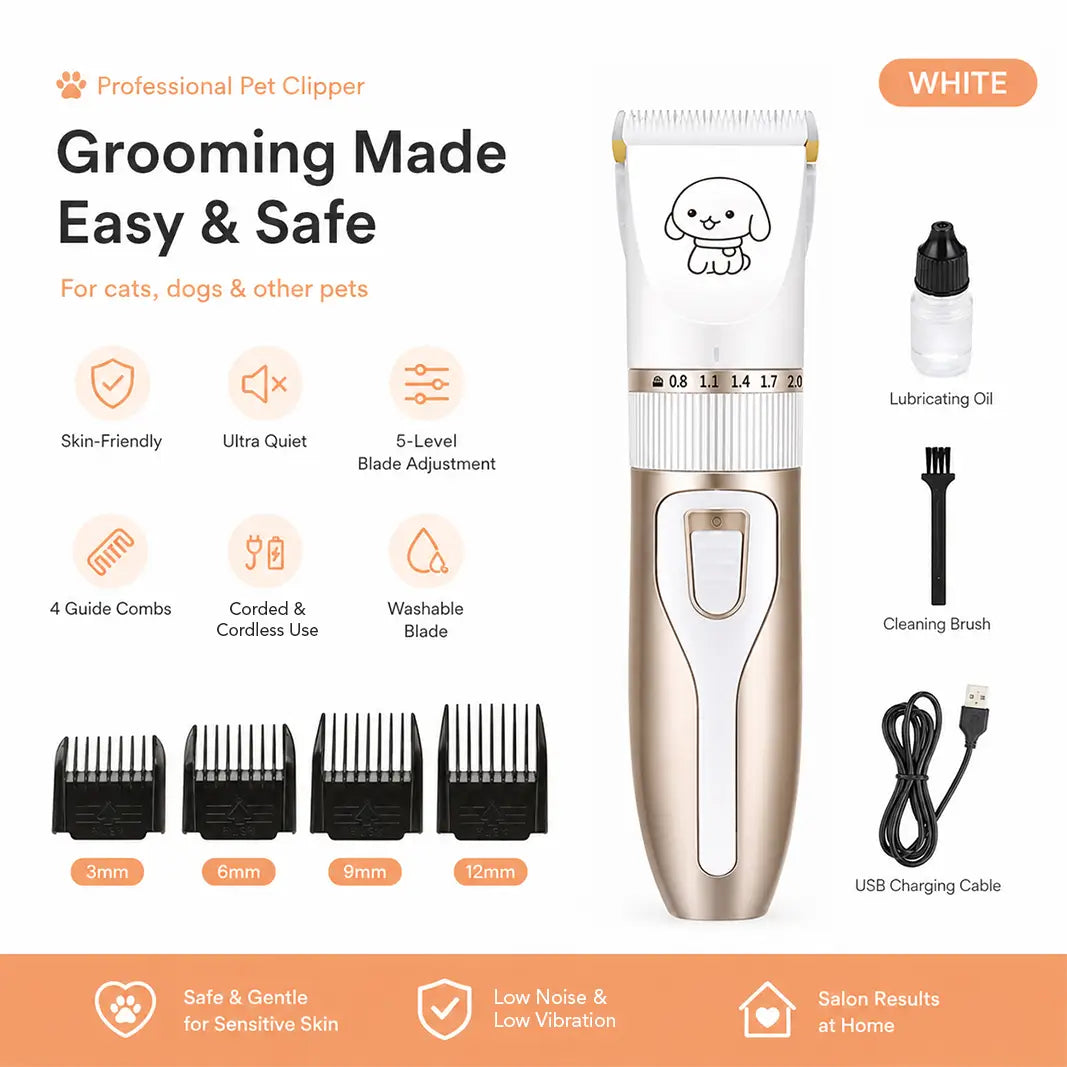 Sleek White Professional Pet Clipper for dogs and cats, featuring an ergonomic design and long-lasting rechargeable battery.