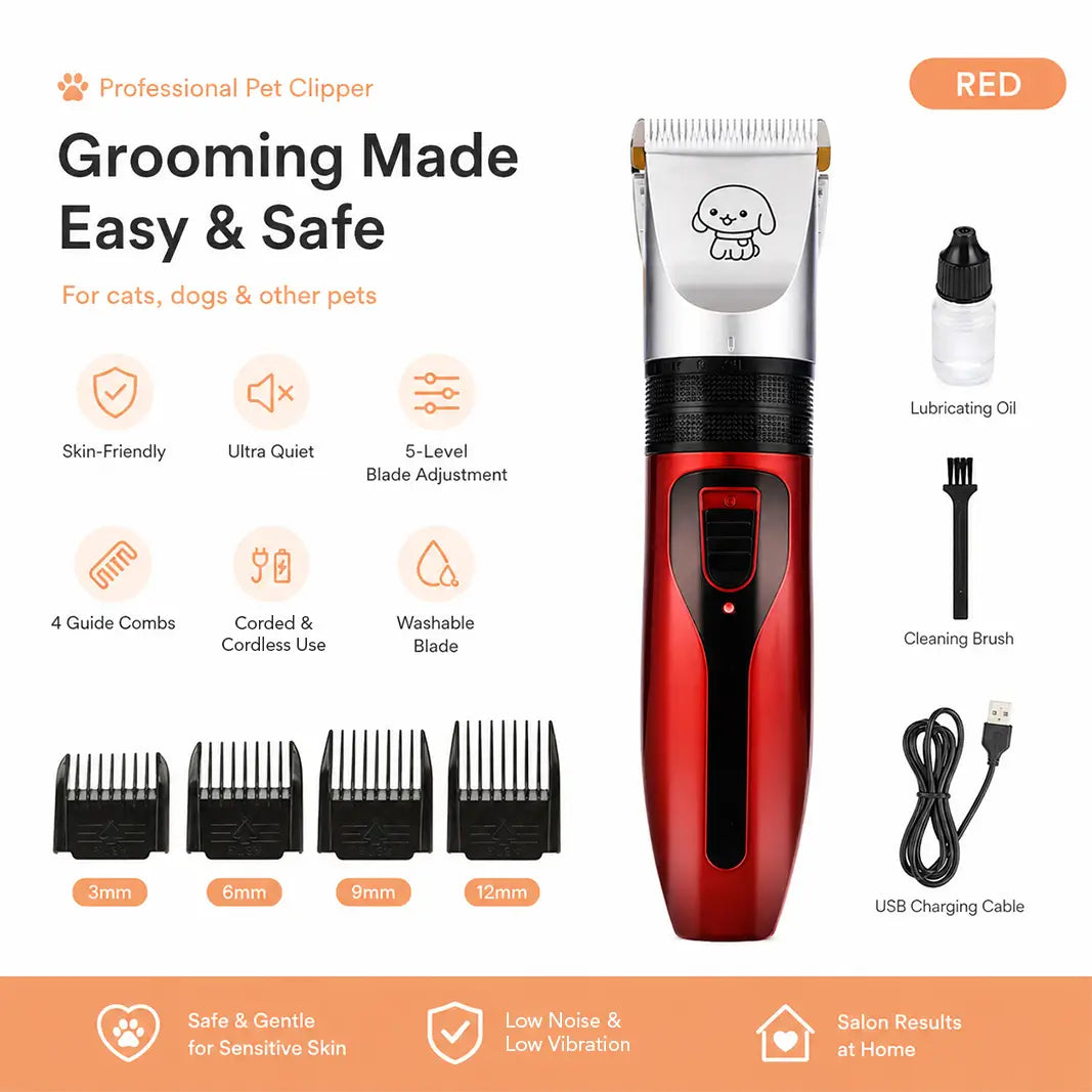 Professional Pet Electric Clippers kit in Red, featuring 4 guide combs, lubricating oil, and cleaning brush for safe home grooming.