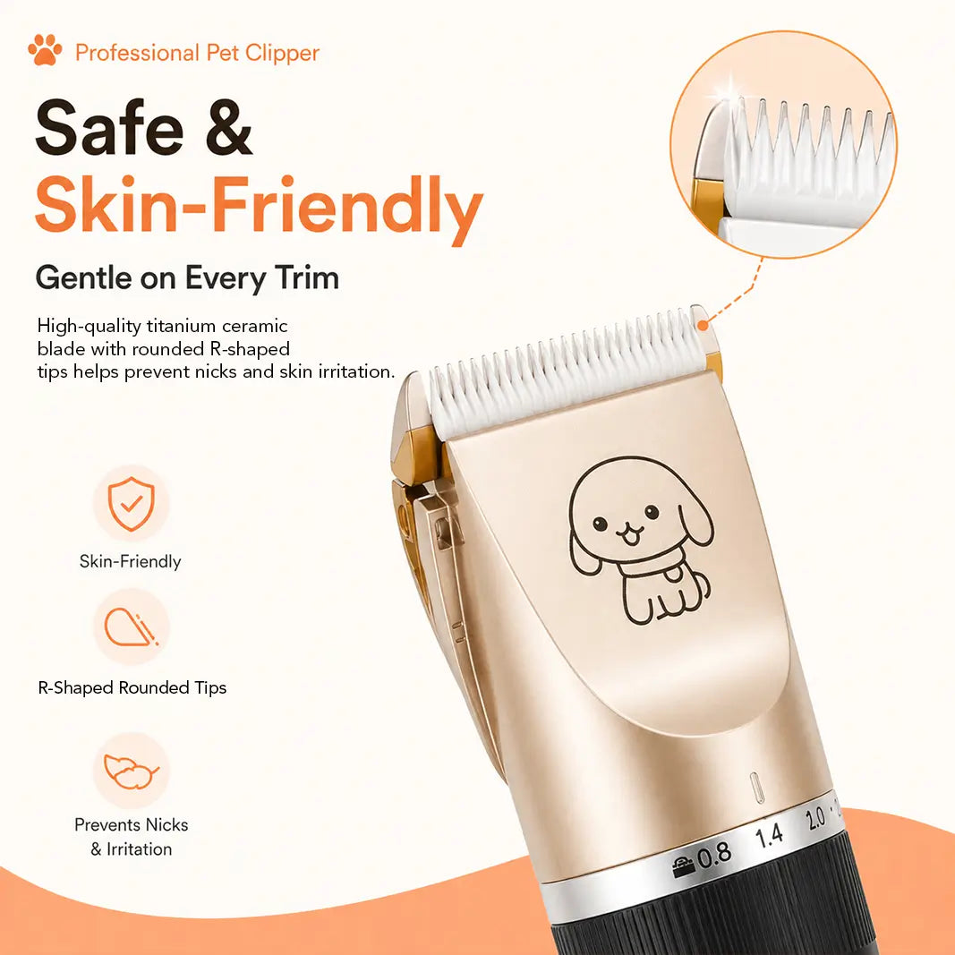 Close-up of high-quality titanium ceramic blade with R-shaped rounded tips to prevent nicks and irritation on sensitive pet skin.