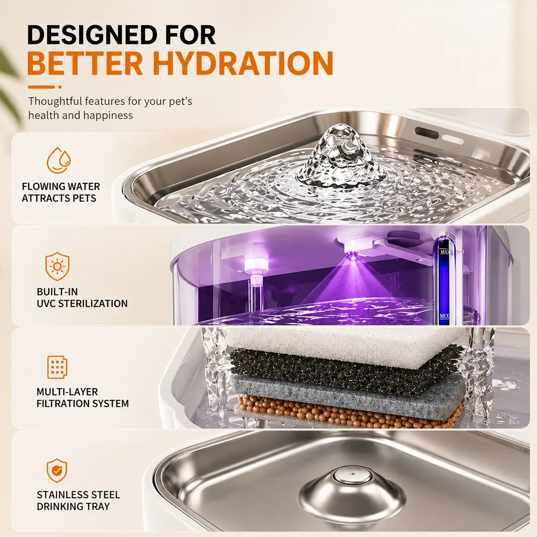 Hygienic pet water fountain with built-in UVC sterilization and multi-layer filtration.