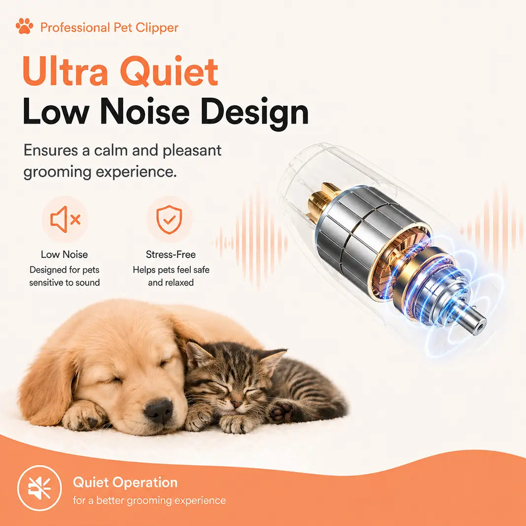 Whisper-quiet pet grooming clipper operating under 50dB to ensure a stress-free experience for nervous dogs and cats.