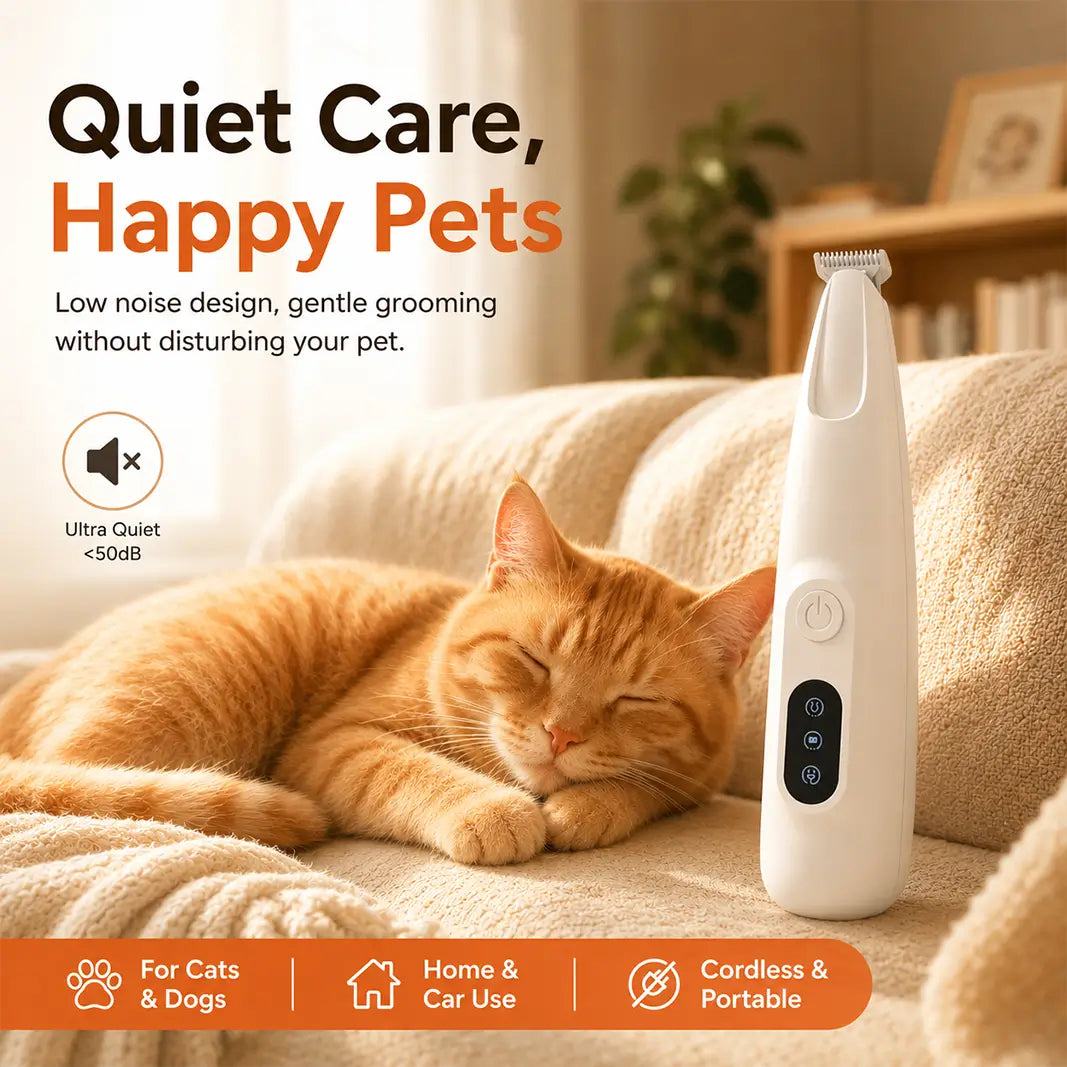 Whisper-quiet pet shaver operating at less than 50dB, allowing for a stress-free grooming experience while a cat sleeps peacefully.