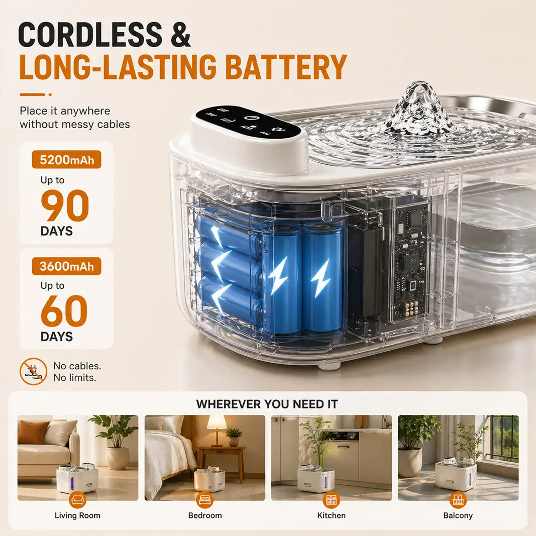 Wireless pet fountain placed in various home locations like bedroom and living room